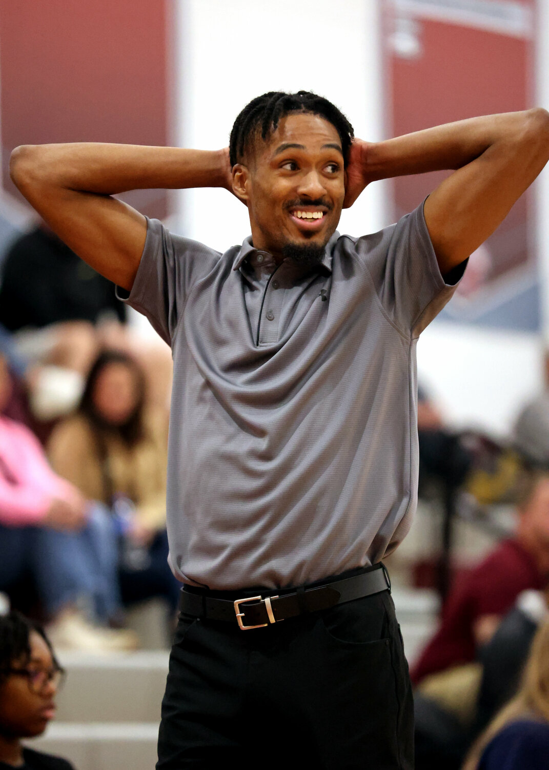 Coach Charles Byrd reacts to a call during the Seaforth girl’s basketball opener. The Hawks cruised to victory over St. Pauls, 64-26.